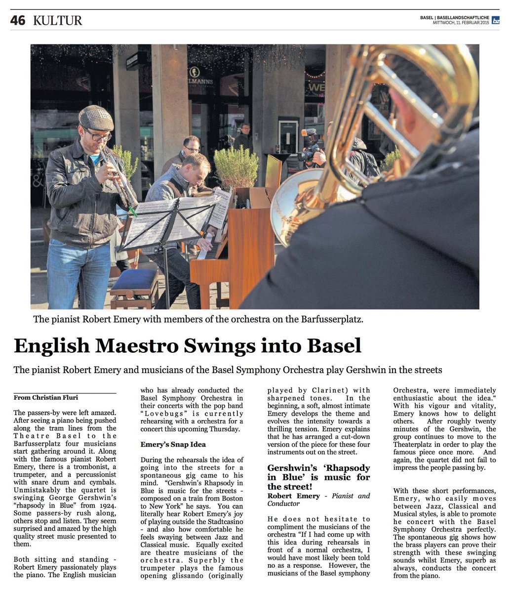 robemery's tweet photo. "English Maestro swings into Basel" - a nice writeup in the press about the fun I had performing Gershwin's Rhapsody in Blue with the Sinfonieorchester Basel.
#BlastFromThePast #nostalgia #backstage #behindthescenes #musicandcreativity #creativity #gershwin #Basel #orchestra https://t.co/8ruUbxJjJD