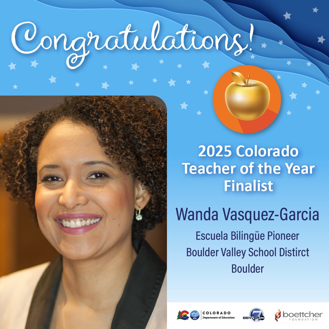 CO Dept of Education (@codepted) on Twitter photo Congrats to our first four finalists for 2025 Colorado Teacher of the Year, announced today:
🎊 Tera Johnson-Swartz from <a href="/dcsdk12/">Douglas County School District</a>;
🎊 Amy Okimoto from <a href="/CCSDK12/">Cherry Creek Schools</a>;
🎊 Janet Damon from <a href="/dps_k12/">Denver Public Schools</a>; and
🎊 Wanda Vasquez-Garcia from <a href="/BVSDcolorado/">Boulder Valley School District</a>! More: cde.state.co.us/communications… Congrats to our first four finalists for 2025 Colorado Teacher of the Year, announced today:
🎊 Tera Johnson-Swartz from <a href="/dcsdk12/">Douglas County School District</a>;
🎊 Amy Okimoto from <a href="/CCSDK12/">Cherry Creek Schools</a>;
🎊 Janet Damon from <a href="/dps_k12/">Denver Public Schools</a>; and
🎊 Wanda Vasquez-Garcia from <a href="/BVSDcolorado/">Boulder Valley School District</a>! More: cde.state.co.us/communications…