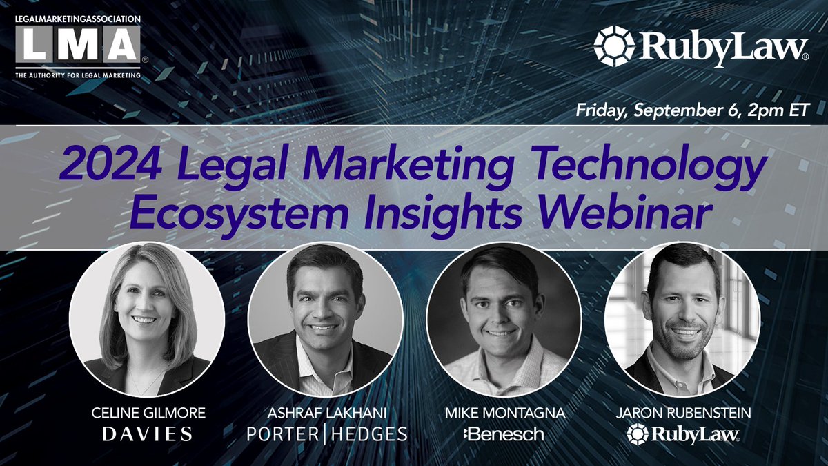 RubyLawCLM's tweet image. Thank you to all of our participants, attendees, team members, and the LMA for another fantastic discussion on legal marketing technology.
If you missed our program, or if you want to watch it again, check the link below next week to view a replay.
bit.ly/3AXJDPS