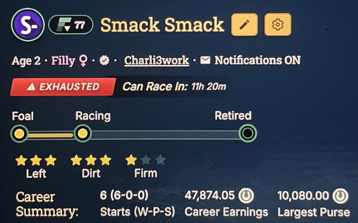 Smack Smack coming out hot: 

6-0 first six races (5 with 10+ racers)
S- Female with a 77 FF rating
Two 79 FF prints

Let’s go <a href="/photofinishgame/">Photo Finish™ LIVE 🌹 🐎 Virtual Horse Racing</a> 😎