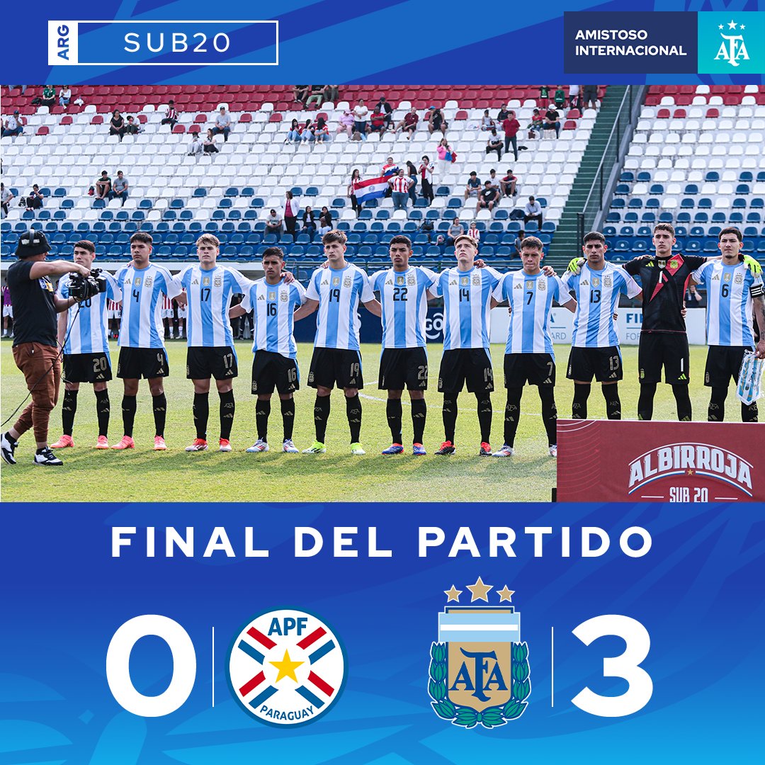 Argentina's tweet image. #Sub20 🏆Amistoso Internacional

Final del partido en Ypané. 

Victoria Argentina en el segundo amistoso y balance de dos victorias en igual cantidad de partidos en la gira para comenzar la preparación del Torneo Sudamericano.

¡Vamos #Argentina! ¡Vamos los #Pibes!