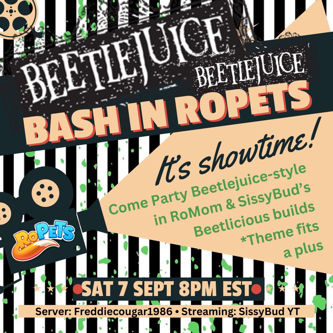 RoMomPlays's tweet photo. ๐ชฒ๐จ PARTY ALERT ๐จ๐ชฒ
Join me tomorrow, Saturday, at 8pm EST! The new Beetlejuice movie is out (& itโs SissyBudโs bday)โฆ letโs celebrate! @RoPetsGame #roblox #ropets https://t.co/iSxtLVA6uL