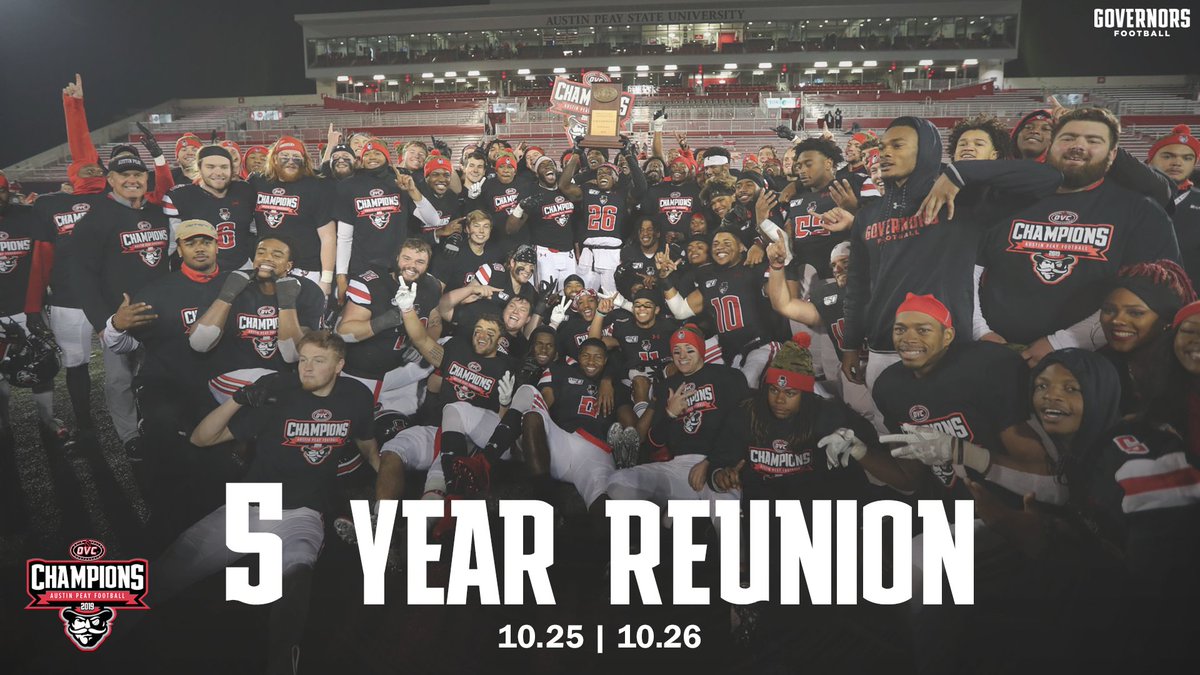 Austin Peay Governors (@letsgopeay) on Twitter photo 𝟮𝟬𝟭𝟵 𝗢𝗩𝗖 𝗖𝗛𝗔𝗠𝗣𝗜𝗢𝗡𝗦𝗛𝗜𝗣 𝗥𝗘𝗨𝗡𝗜𝗢𝗡 🎩🏈🏆
Hard to believe it's been five years. We can't wait to have the <a href="/GovsFB/">Austin Peay Football</a> team that broke the 42-year championship drought back in The Fort on Homecoming weekend!
#LetsGoPeay 𝟮𝟬𝟭𝟵 𝗢𝗩𝗖 𝗖𝗛𝗔𝗠𝗣𝗜𝗢𝗡𝗦𝗛𝗜𝗣 𝗥𝗘𝗨𝗡𝗜𝗢𝗡 🎩🏈🏆
Hard to believe it's been five years. We can't wait to have the <a href="/GovsFB/">Austin Peay Football</a> team that broke the 42-year championship drought back in The Fort on Homecoming weekend!
#LetsGoPeay