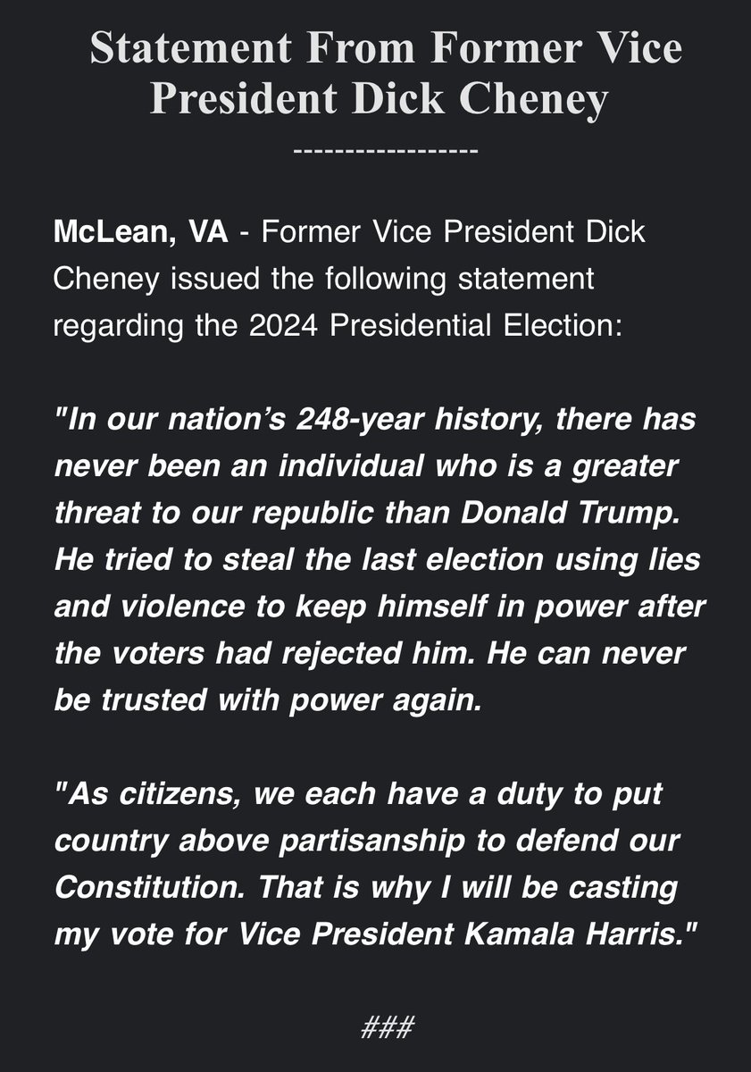 AndrewDesiderio's tweet image. There it is — DICK CHENEY will be voting for Kamala Harris, as @Liz_Cheney said earlier today at #TribFest24