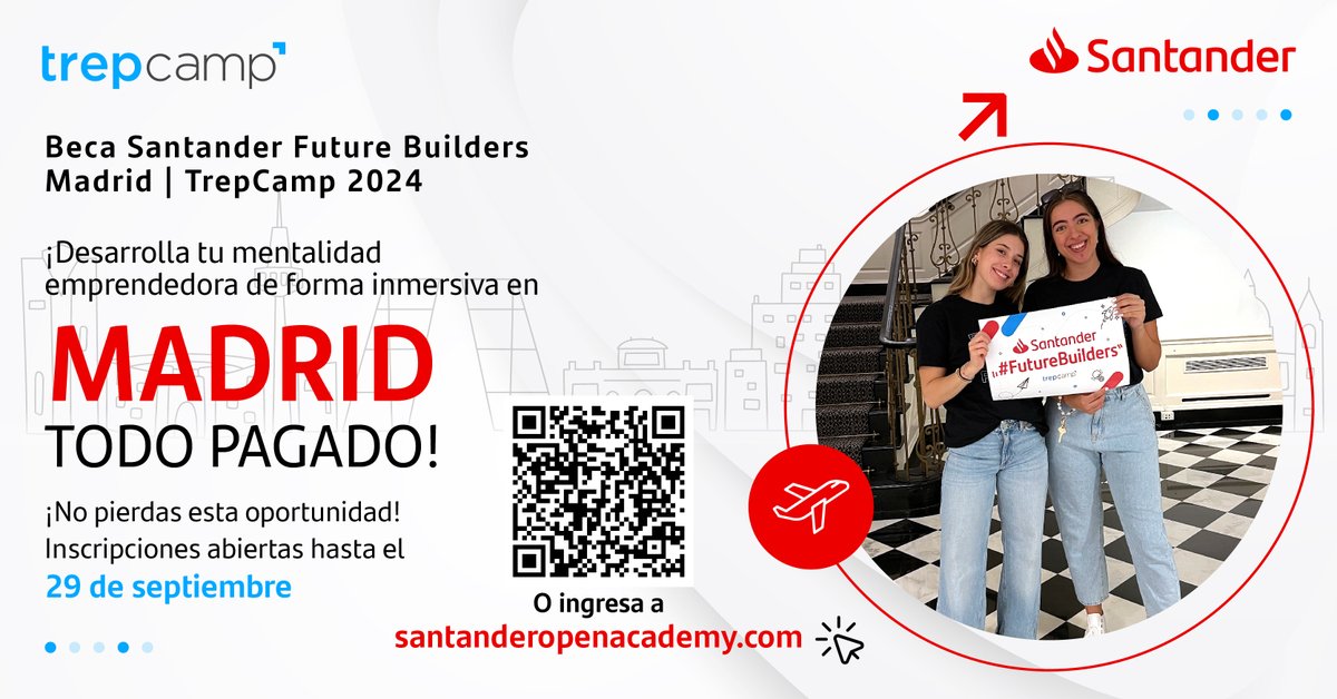 santanderunimx's tweet photo. 📌 ¡Transforma tu futuro con la siguiente #BecaSantander!
✈️Disfruta de 9 días y 8 noches inmersivas en Madrid con todos los gastos pagados.
👉 Regístrate en https://t.co/LFqrEZEyYu

📆 Antes del 29 de septiembre
#SantanderUniMx #SOA #Trepcamp https://t.co/24OGEnIWuF