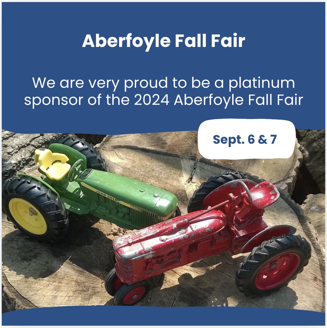 We’re proud to be a Platinum Sponsor of the 2024 Aberfoyle Fall Fair! Visit the fair today (September 6) and tomorrow (September 7) at the Aberfoyle Community Centre for fun events like the antique tractor pull and zucchini car races. There’s something for everyone! 🚜🍂