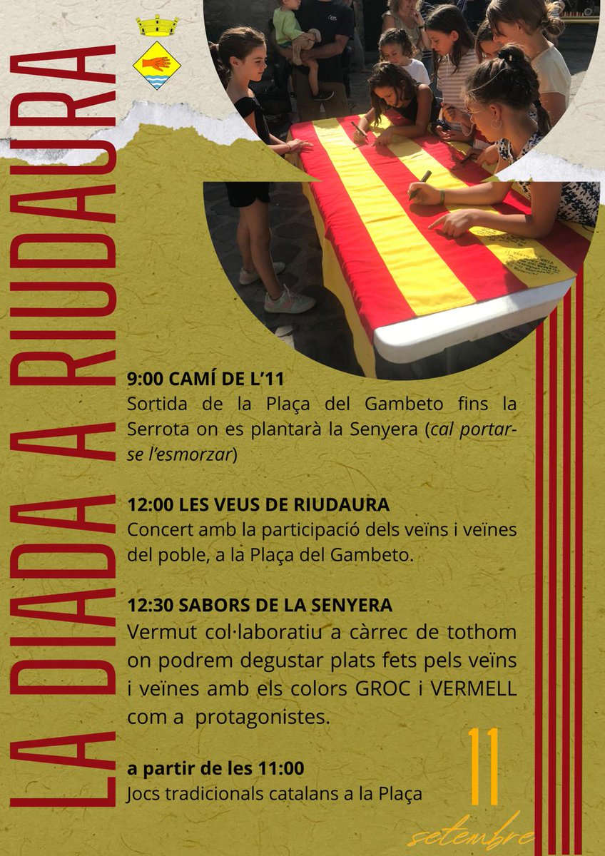 Dimecres 11 de setembre, a Riudaura, celebrarem la Diada Nacional de Catalunya amb diversos actes.