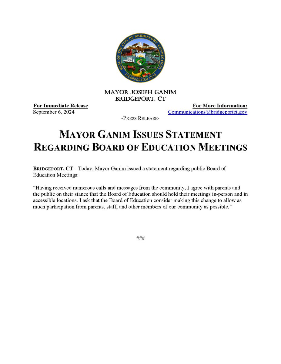 Attached below is a statement regarding public Board of Education Meetings: