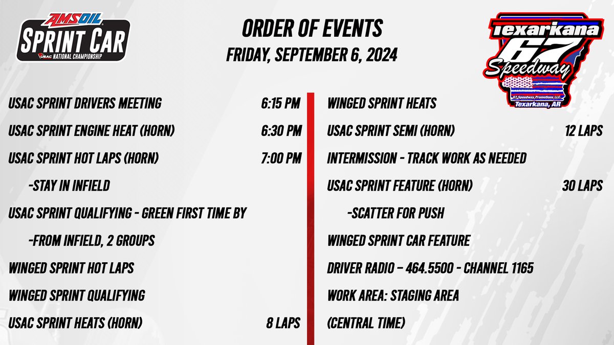 Order of Events! 📜

Tonight's schedule for the opening night of the Wingless Short Track Nationals at <a href="/Texarkana67/">Texarkana 67 Speedway</a>. 👇