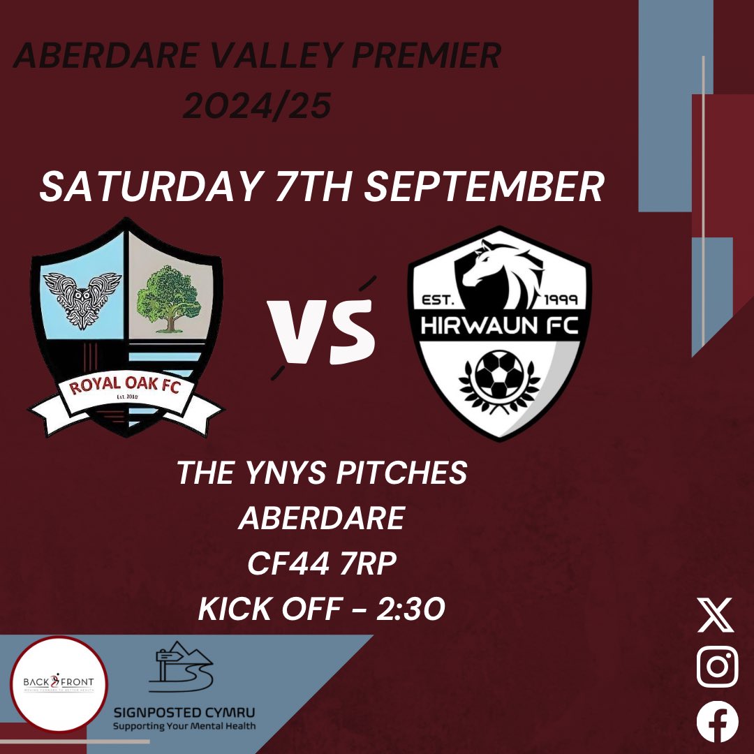 Royal Oak FC (@royal_oakfc) on Twitter photo Tomorrow we take on <a href="/HirwaunFC/">Hirwaun FC</a> for our first home game of the season, following up on our 6-1 against <a href="/afcabercynon97/">AFC Abercynon</a> Reserves we look to gain another 3 points to make it our 6th Win of the season
Massive thank you to our sponsors:
<a href="/SignpostedC/">Signposted Cymru</a>
<a href="/Back2FrontPhys/">Back2Front Physio</a> Tomorrow we take on <a href="/HirwaunFC/">Hirwaun FC</a> for our first home game of the season, following up on our 6-1 against <a href="/afcabercynon97/">AFC Abercynon</a> Reserves we look to gain another 3 points to make it our 6th Win of the season
Massive thank you to our sponsors:
<a href="/SignpostedC/">Signposted Cymru</a>
<a href="/Back2FrontPhys/">Back2Front Physio</a>
