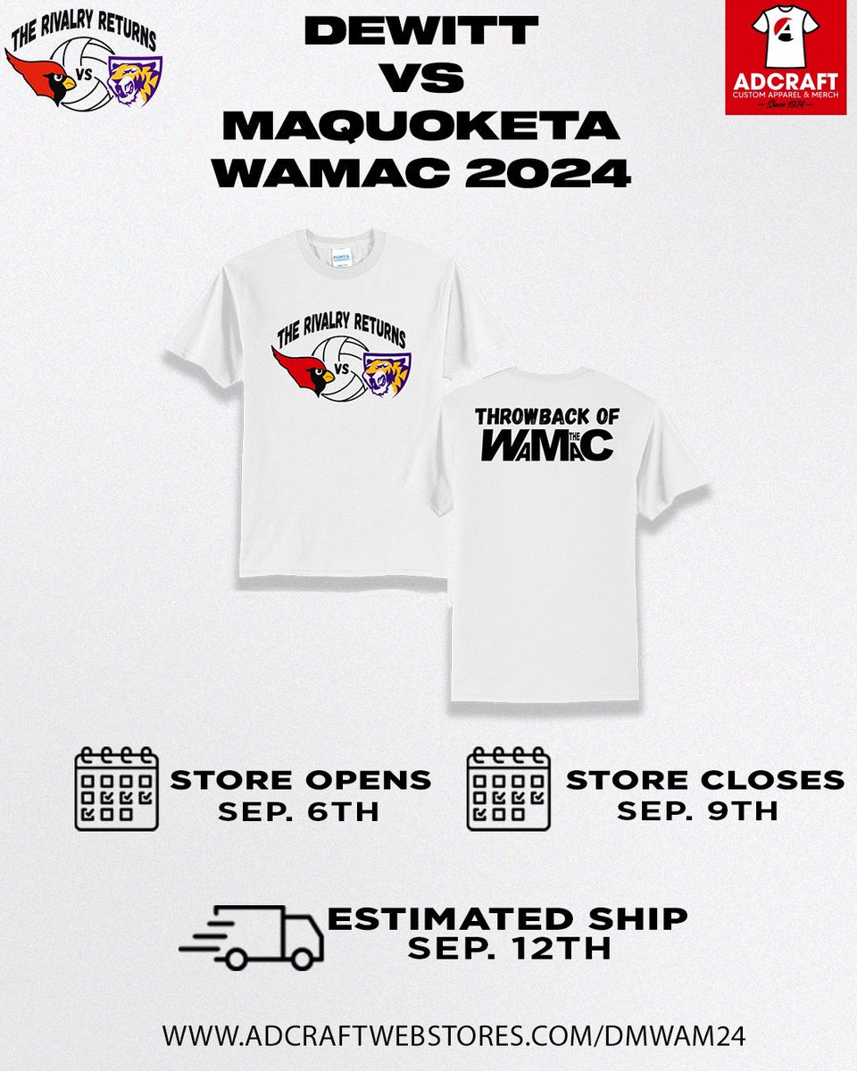 The Rivalry Returns! Throwin’ it back to the WaMac!! Saber Volleyball takes on the Maquoketa Cardinals on 9/16!! Get your shirt today!! Orders due on Monday 9/9!! 

Link for shirts: adcraftwebstores.com/dmwam24/