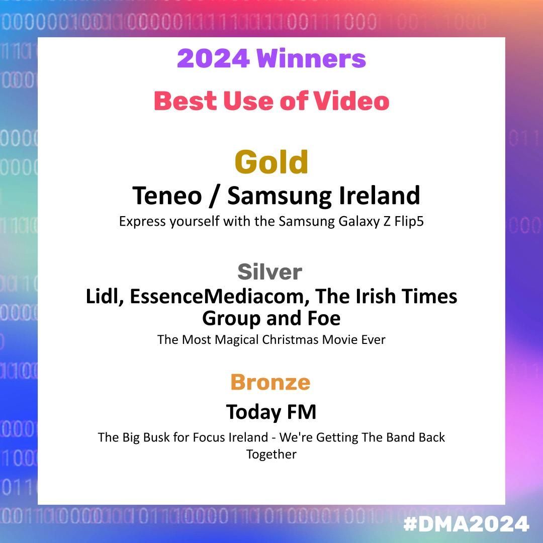 A huge congratulations to <a href="/TeneoIreland/">Teneo Ireland</a>, winning gold in Best Use of Video
Congratulations also to our silver and bronze winners@lidl <a href="/emc_ireland/">EssenceMediacom Ireland</a> <a href="/IrishTimes/">The Irish Times</a> and <a href="/we_are_foe/">Foe</a> and <a href="/TodayFM/">Today FM 💛</a> as well as our other finalists!

#DMA2024 #digital #dma #digital media