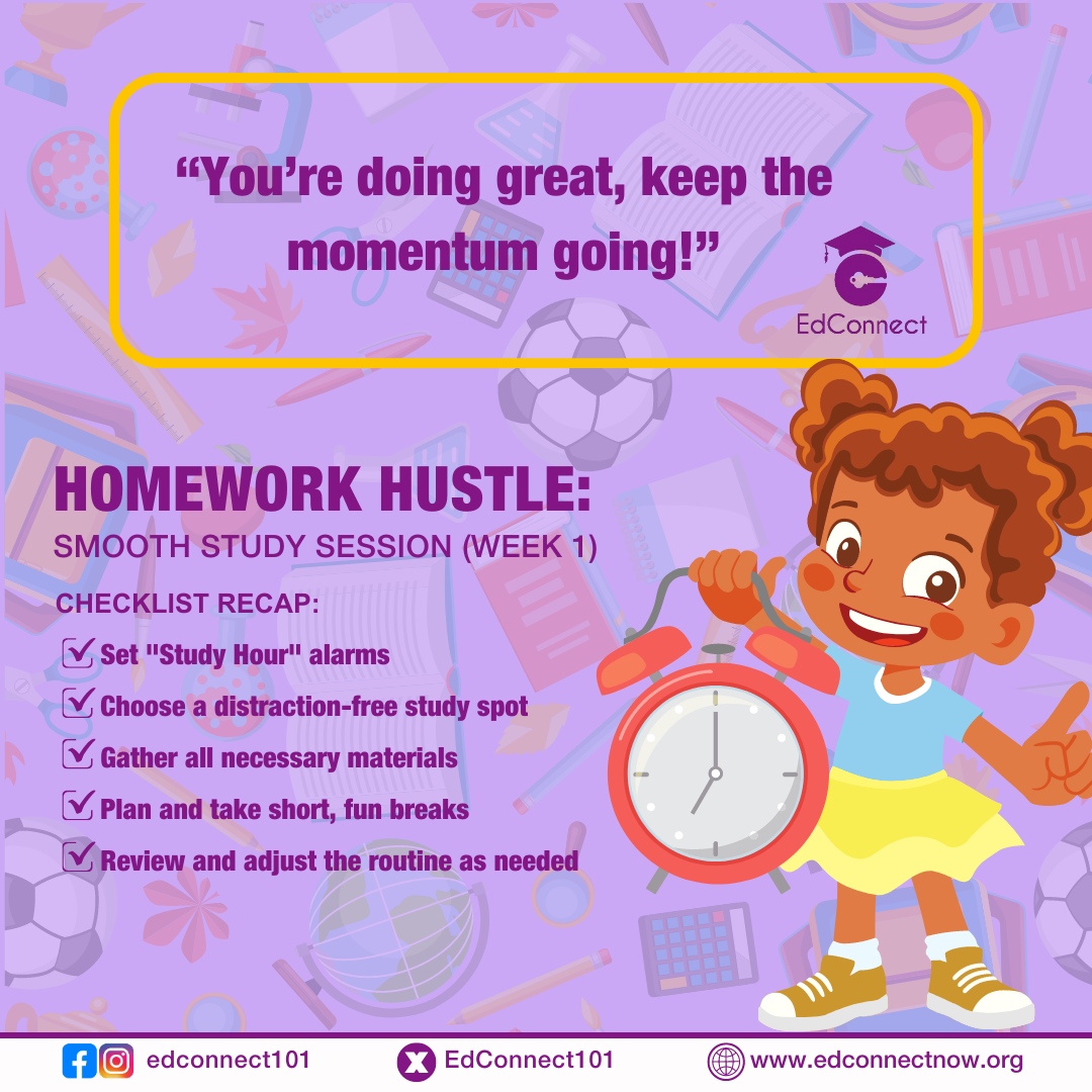 EdConnect101's tweet image. Week 1 of #HomeworkHustle is complete! 
This week, we focused on setting ‘Study Hour’ alarms and incorporating fun 5-minute dance breaks to keep the energy flowing.

How did your family’s study sessions go? 
Share your stories with us.
#EdConnectNow #SchoolChoiceMatters