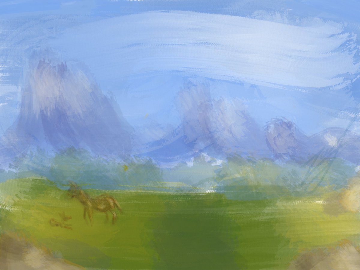 ZafStuff's tweet image. An old painting "sketch" I found lost in my "archives" lol. I believe I was a bit inspired by a previous work I did on the 3DS Art Academy, where it also had a fairly impressionistic? field and unguligrade.
#art #landscape #horse