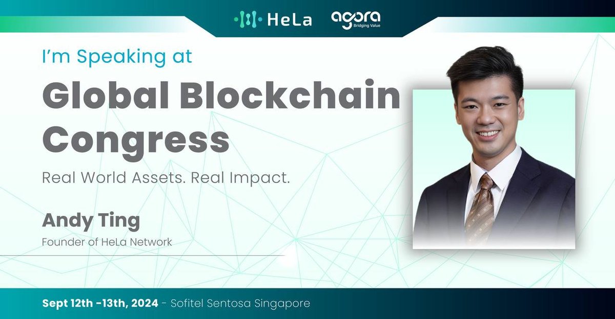 Hela_Network's tweet photo. Just a few days away! Our Founder, @atbigthumb, is all set to speak at the @AgoraGBC on Sept 12th-13th.
He’ll be sharing deeper insights on how Real World Assets (RWAs) are revolutionizing the blockchain world.
We’re ready—are you?
#HeLaNetwork #RWA #BlockchainCongress https://t.co/hGpmyl3btB