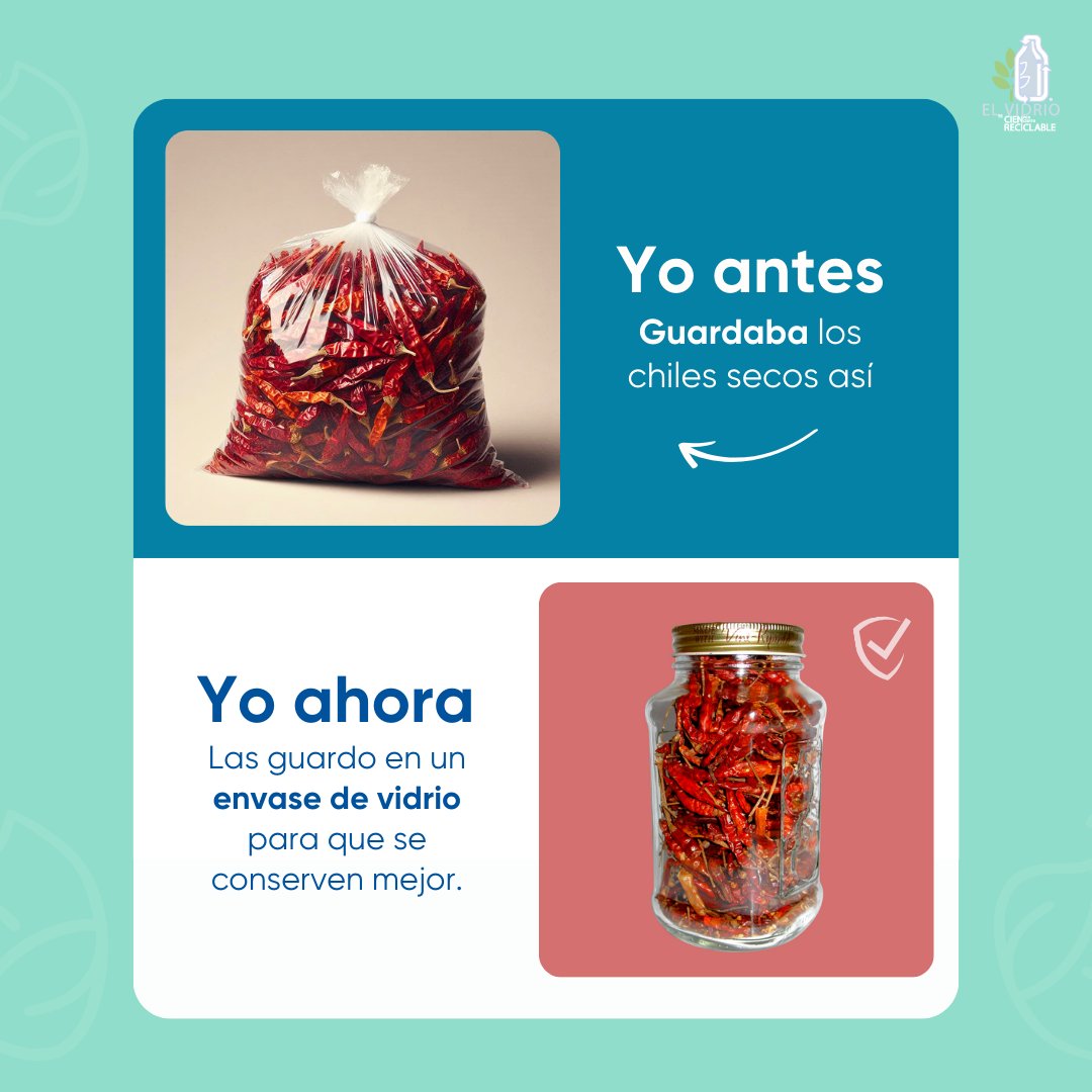 vidrio100R's tweet photo. Antes guardaba los chiles secos en bolsa de plástico y se contaminaban, hoy los guardo en tarros de #vidrio en mi alacena y se mantienen en buenas condiciones por más tiempo 😋💙

#EnVidrioSabeMejor #EligeVidrio #AlimentosyBebidas #Chiles https://t.co/MT3XzF9TU8