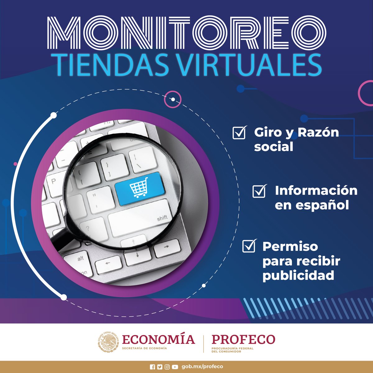 Profeco's tweet photo. 🖱️ ¡Antes de darle clic, consulta nuestro Monitoreo de #TiendasVirtuales! 🔎🖥️

Entérate si los comercios electrónicos cumplen o no, con las disposiciones de la Ley Federal de Protección al Consumidor.

Toma mejores decisiones de consumo. 👇
https://t.co/OQfL1eQFHq https://t.co/DX3uf7jM2J