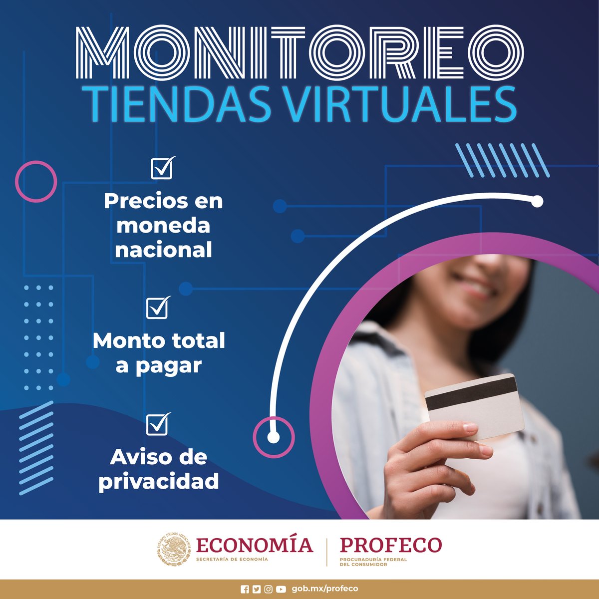 Profeco's tweet photo. 🖱️ ¡Antes de darle clic, consulta nuestro Monitoreo de #TiendasVirtuales! 🔎🖥️

Entérate si los comercios electrónicos cumplen o no, con las disposiciones de la Ley Federal de Protección al Consumidor.

Toma mejores decisiones de consumo. 👇
https://t.co/OQfL1eQFHq https://t.co/DX3uf7jM2J