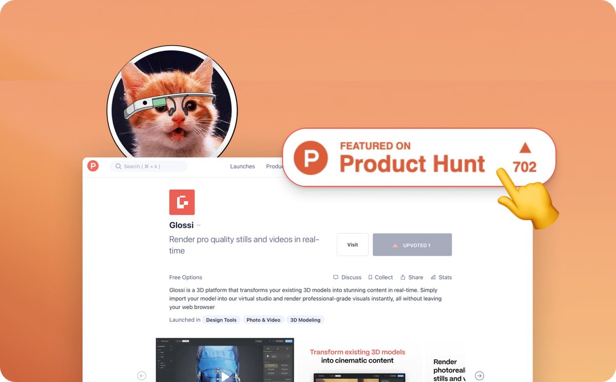 ⚡️We just launched Glossi on Product Hunt!

Glossi brings real-time 3D visualization in your browser - letting you transform any 3D model into cinematic photo and videos. 

Check it out - and click that upvote button :) 
producthunt.com/posts/glossi