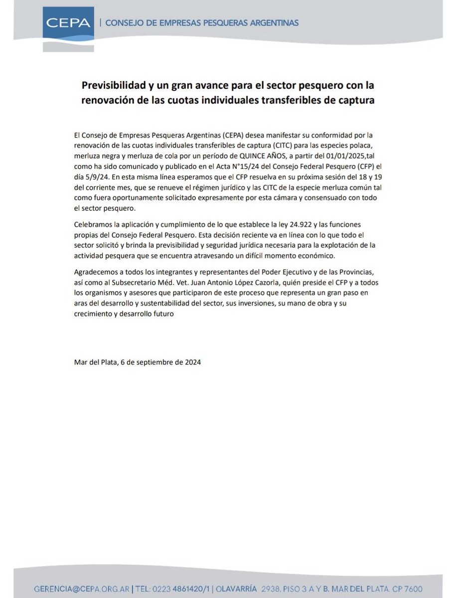 cepapesca's tweet photo. Previsibilidad y un gran avance para el sector pesquero con la renovación de las cuotas individuales transferibles de captura 

@agriculturaar @MinEconomia_Ar @MinDesreg_Ar @AgrarioPBA https://t.co/vsB8sb02Tn