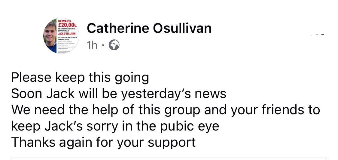 Please don’t let Jack be forgotten, please keep sharing. #FindJack 

From Catherine’s Facebook page: