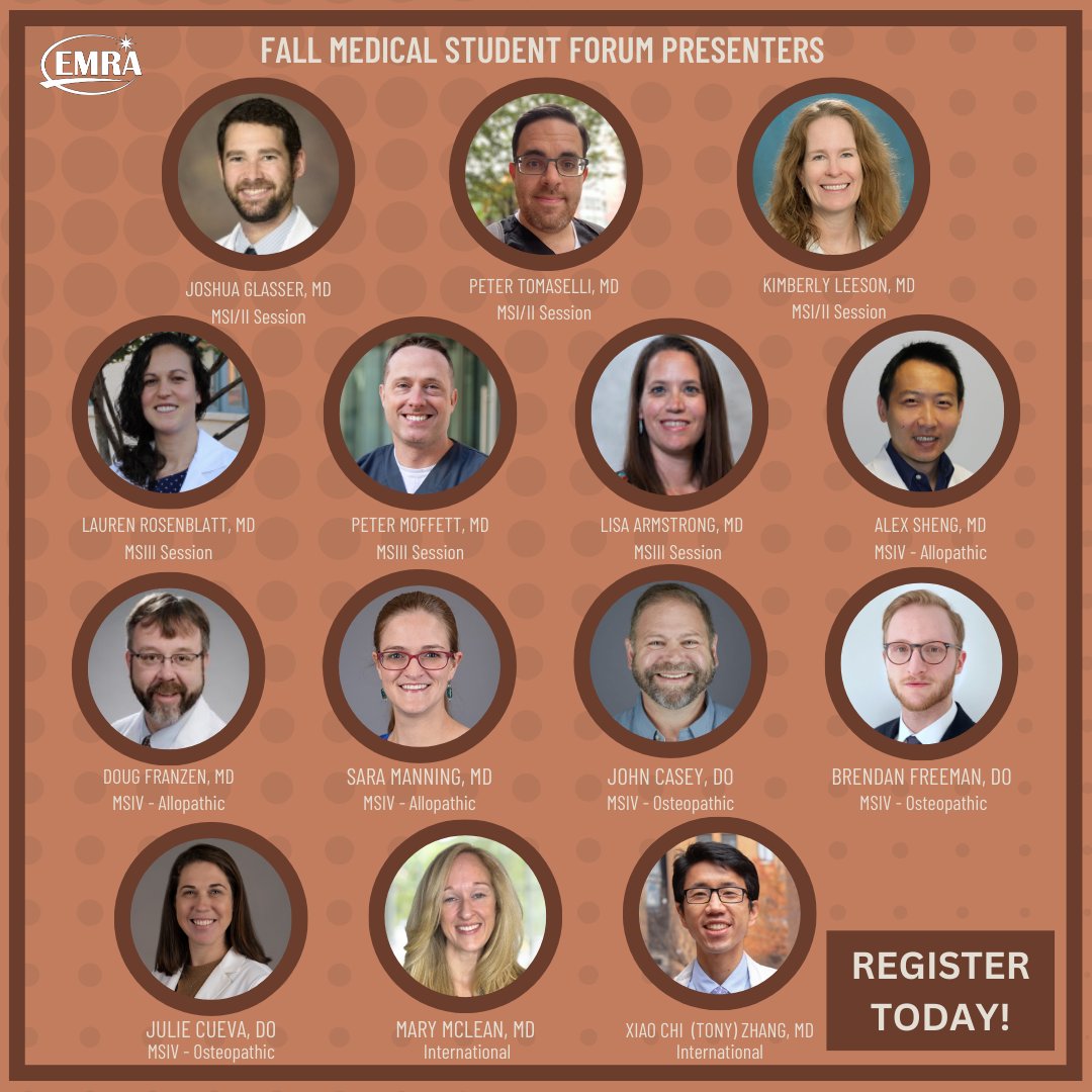 ⏰ There's still time for you to register to attend the fall Medical Student Forum tomorrow at 9:30 am Central. Here are the faculty advisors that will be in each break-out session answering all your questions. Don't miss out!

Register now 👉 bit.ly/3OxeJAX

#EMRAmsf