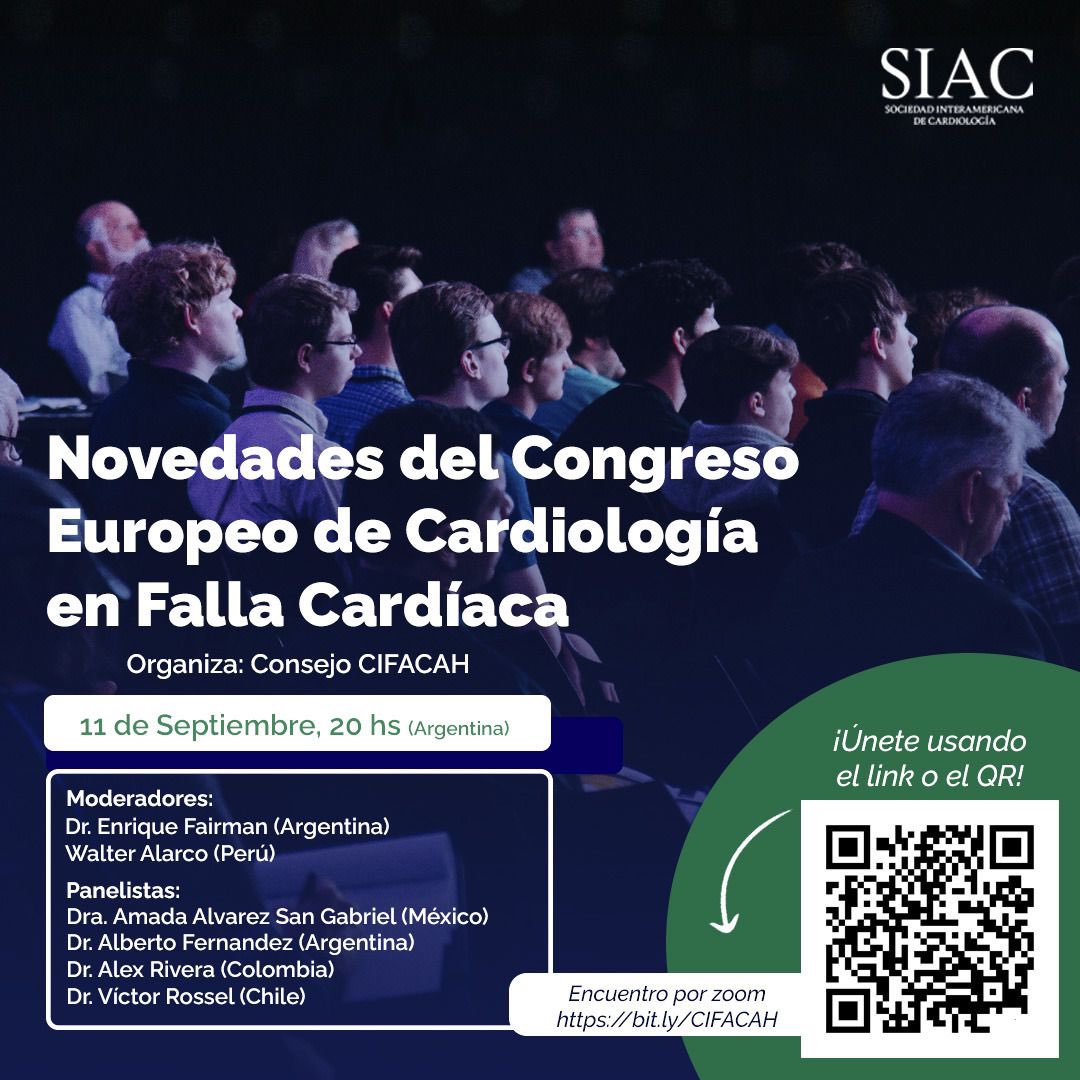 Consejo Interamericano de Falla Cardíaca e HP (@cifacah) on Twitter photo Webinar:
Novedades del Congreso
Europeo de Cardiología en Falla Cardíaca
Los esperamos
✅Miércoles 11/11
20 hs 🇦🇷
18 hs 🇨🇴
19 hs 🇨🇱
<a href="/htp_ic/">Consejo IC HTP</a> <a href="/SIAC_cardio/">SIAC</a> @ComunidadFAC <a href="/Walarco1/">Walarco</a> <a href="/AlbertoAfernan/">Alberto Fernandez</a> <a href="/RiveraToquicaMD/">Alex Rivera Toquica</a> <a href="/rossel_victor/">Victor Rossel</a> Webinar:
Novedades del Congreso
Europeo de Cardiología en Falla Cardíaca
Los esperamos
✅Miércoles 11/11
20 hs 🇦🇷
18 hs 🇨🇴
19 hs 🇨🇱
<a href="/htp_ic/">Consejo IC HTP</a> <a href="/SIAC_cardio/">SIAC</a> @ComunidadFAC <a href="/Walarco1/">Walarco</a> <a href="/AlbertoAfernan/">Alberto Fernandez</a> <a href="/RiveraToquicaMD/">Alex Rivera Toquica</a> <a href="/rossel_victor/">Victor Rossel</a>