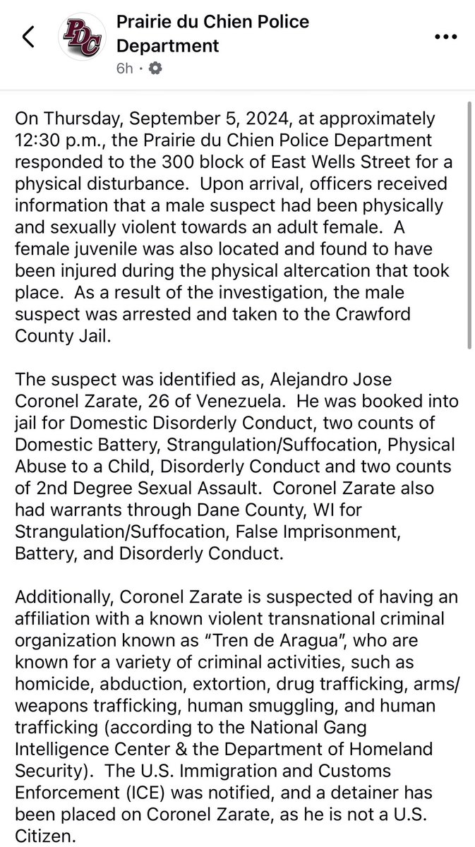 BillMelugin_'s tweet photo. NEW: Police in Prairie du Chien, a small city in rural Wisconsin w/ a population of just 5,400, announce the arrest of a suspected Venezuelan Tren de Aragua gang member who allegedly violently and sexually attacked a woman &amp; injured a juvenile in the process. ICE now involved. https://t.co/aUx8PkPhnx