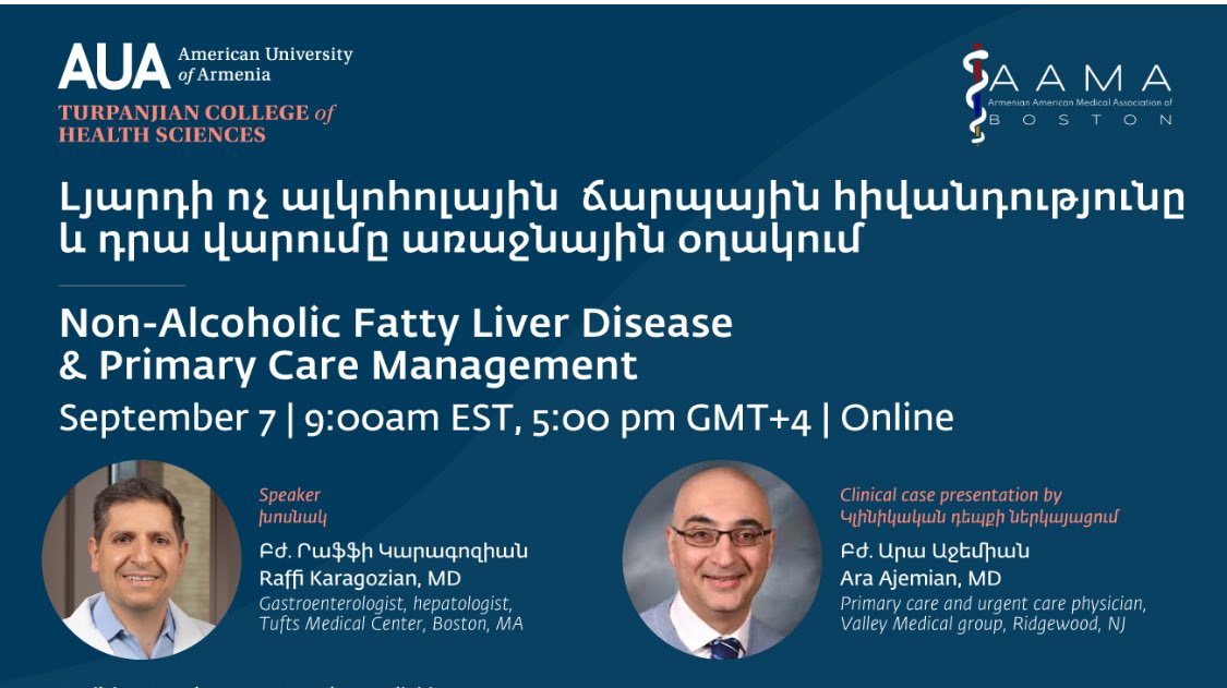 Raffi Karagozian, MD (@rkaragozian) on Twitter photo Looking forward to an engaging discussion about management of fatty liver disease in the primary care setting; with the Health Services Center at American University of Armenia <a href="/AUAtweets/">American U Armenia</a> <a href="/MinHealth_Arm/">Ministry of Health</a>
Saturday 9/7/2024 @ 9:00AM EST
Register 👇
us02web.zoom.us/meeting/regist… Looking forward to an engaging discussion about management of fatty liver disease in the primary care setting; with the Health Services Center at American University of Armenia <a href="/AUAtweets/">American U Armenia</a> <a href="/MinHealth_Arm/">Ministry of Health</a>
Saturday 9/7/2024 @ 9:00AM EST
Register 👇
us02web.zoom.us/meeting/regist…