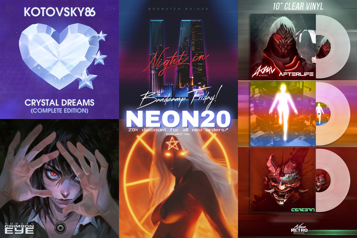 Neon Retro Records (@neonretrorec) on Twitter photo Hi! New releases are here!
Kotovsky86 - Crystal Dreams (Complete Edition)
<a href="/bronsterbridge/">Bronster Bridge</a> - Night in LA
<a href="/Sodiacofficial/">SODIAC</a> - CRIMSON EYE (EP) new artist!
<a href="/AcrylMadness/">Acryl Madness</a> - Rozhdenie (single)
New merch added!
NEON20 for 20% discount 🤟
neonrr.bandcamp.com/music
neonrr.bandcamp.com/merch Hi! New releases are here!
Kotovsky86 - Crystal Dreams (Complete Edition)
<a href="/bronsterbridge/">Bronster Bridge</a> - Night in LA
<a href="/Sodiacofficial/">SODIAC</a> - CRIMSON EYE (EP) new artist!
<a href="/AcrylMadness/">Acryl Madness</a> - Rozhdenie (single)
New merch added!
NEON20 for 20% discount 🤟
neonrr.bandcamp.com/music
neonrr.bandcamp.com/merch