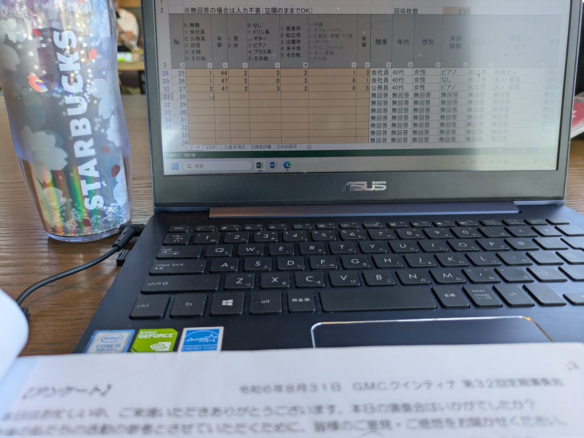 GMC92657527's tweet image. 定期演奏会から１週間。
長かったような早かったような１週間。

来週の反省会に向けてそれぞれ準備中。。。
こちらアンケートの集計作業です💻️☕

来場者数は383名とのこと…！
ありがたやありがたや。お客様からの意見を参考にして、また次に向けて前進します！

#GMCクインティナ
#アンケート集計