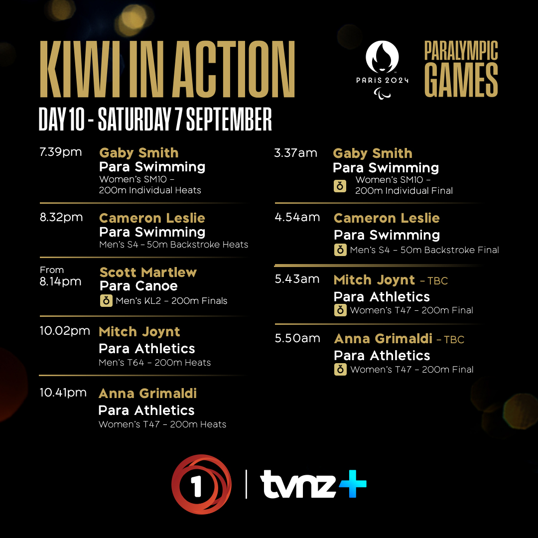 Day 10 is set to get underway at the #Paris2024 Paralympic Games with Scott Martlew in the Para Canoe KL2 200m Final, as well as Para Swimming and Para Athletics action heating up! 🔥

Paris 2024 Paralympics | Tonight from 7.30pm on TVNZ 1 and across five pop-up channels on TVNZ+