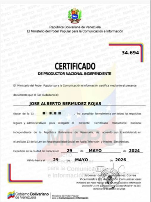 Felicitamos a nuestro Superintendente <a href="/BermudezJoseA/">Bermúdez José</a> por haber obtenido su Certificado de Productor Nacional Independiente otorgado por el <a href="/Mippcivzla/">MIPPCI</a>. Felicidades por este mérito y la excelente labor radial que realiza en pro del desarrollo integral del Táchira 
¡Felicidades!