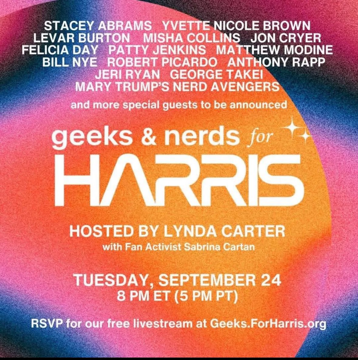 JeriLRyan's tweet photo. It's time to geek out the vote!

Trek Fans, SW fans, comics fans, sci-fi/fantasy fans, space/science nerds...ALL of us! 
I'm so proud to be part of this...
🖖🏼✊🏼💙✊🏼🖖🏼

Join us at @geeksforharris on 9/24 at 8 PM ET.

RSVP at https://t.co/eA2Td3YelR! https://t.co/VyGcjBy3rR
