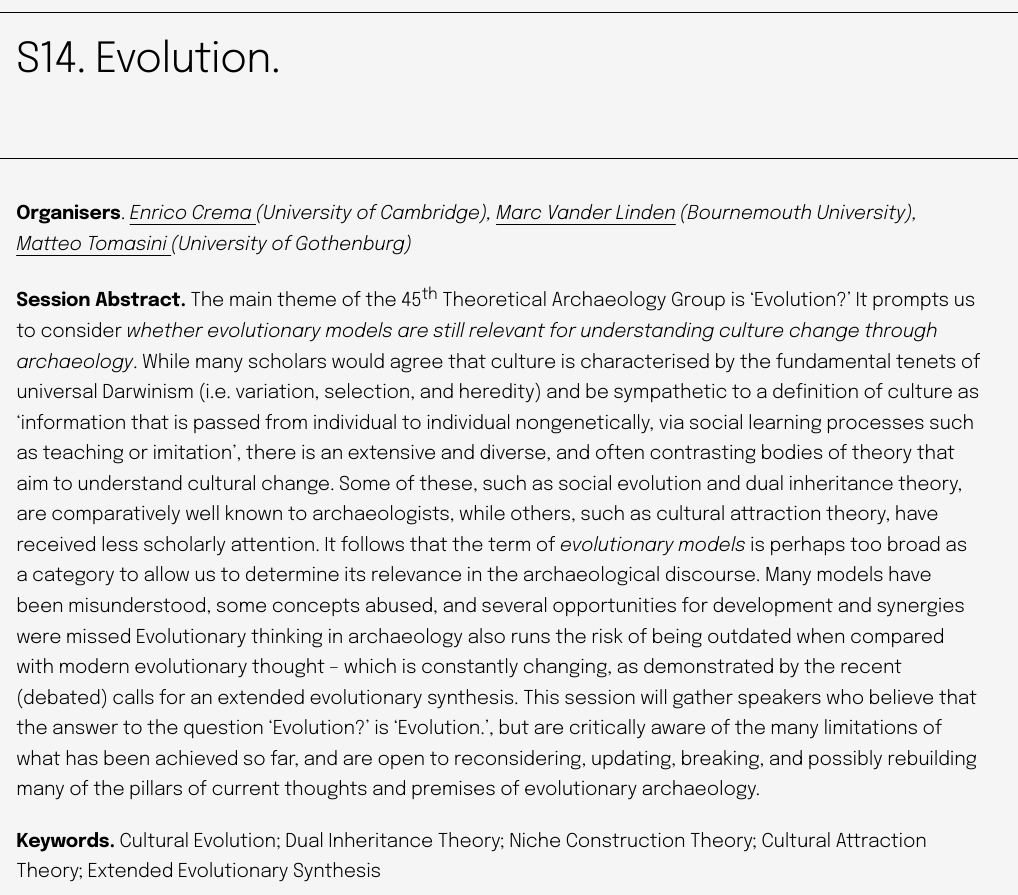 Enrico R. Crema (@er_crema) on Twitter photo This year's main theme for <a href="/TAG45BU/">TAG45 @ Bournemouth</a> is 'Evolution?' - so Marc Vander Linden, Matteo Tomasini, and I decided we needed to have a session called 'Evolution.' The deadline for paper submission is the 1st of October tag2024.wordpress.com This year's main theme for <a href="/TAG45BU/">TAG45 @ Bournemouth</a> is 'Evolution?' - so Marc Vander Linden, Matteo Tomasini, and I decided we needed to have a session called 'Evolution.' The deadline for paper submission is the 1st of October tag2024.wordpress.com