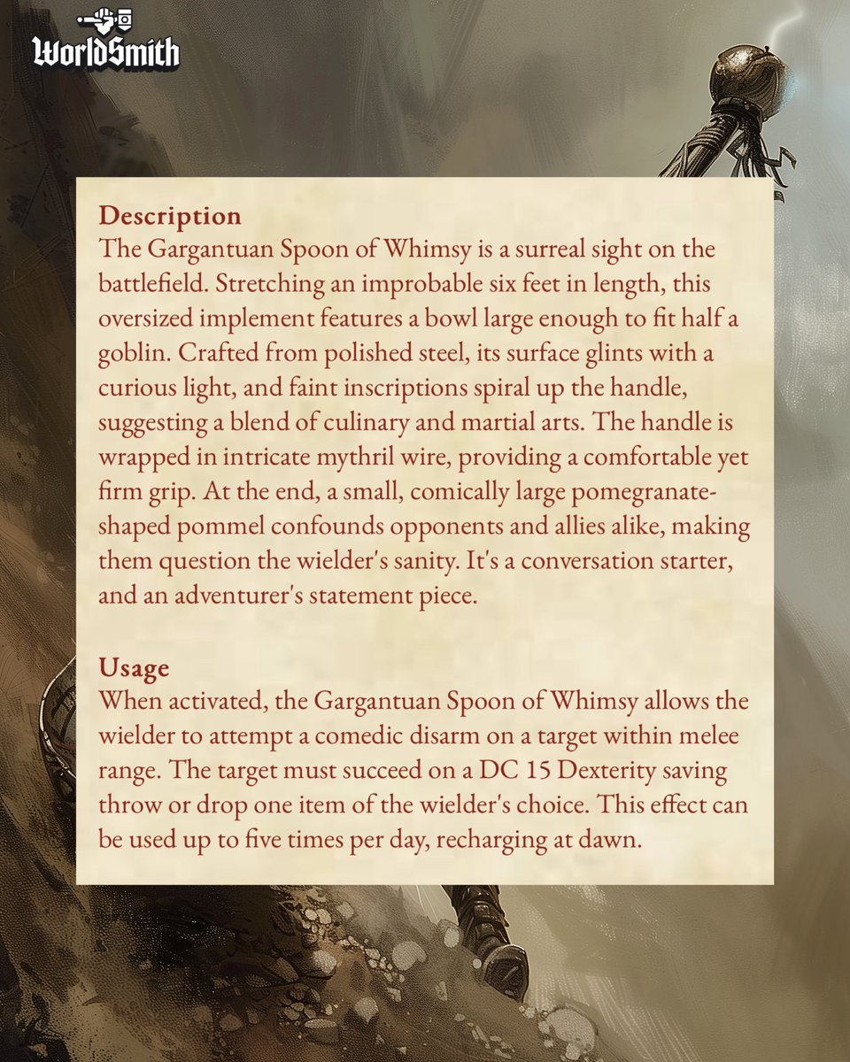 WorldSmithio's tweet photo. What should we make next? Comment to see YOUR idea come to life!

We generated this large spoon in seconds using WorldSmith! Check out this ai tool designed by dungeon masters, for dungeon masters 🐉 Link in bio! #worldsmith #dungeonsanddragons #dnd #dnd5e #ai #dnd5e #dndart https://t.co/Rd21ygqB7u