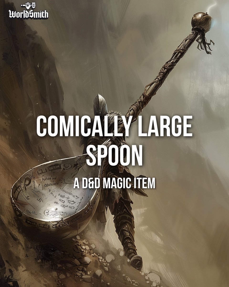 WorldSmithio's tweet photo. What should we make next? Comment to see YOUR idea come to life!

We generated this large spoon in seconds using WorldSmith! Check out this ai tool designed by dungeon masters, for dungeon masters 🐉 Link in bio! #worldsmith #dungeonsanddragons #dnd #dnd5e #ai #dnd5e #dndart https://t.co/Rd21ygqB7u