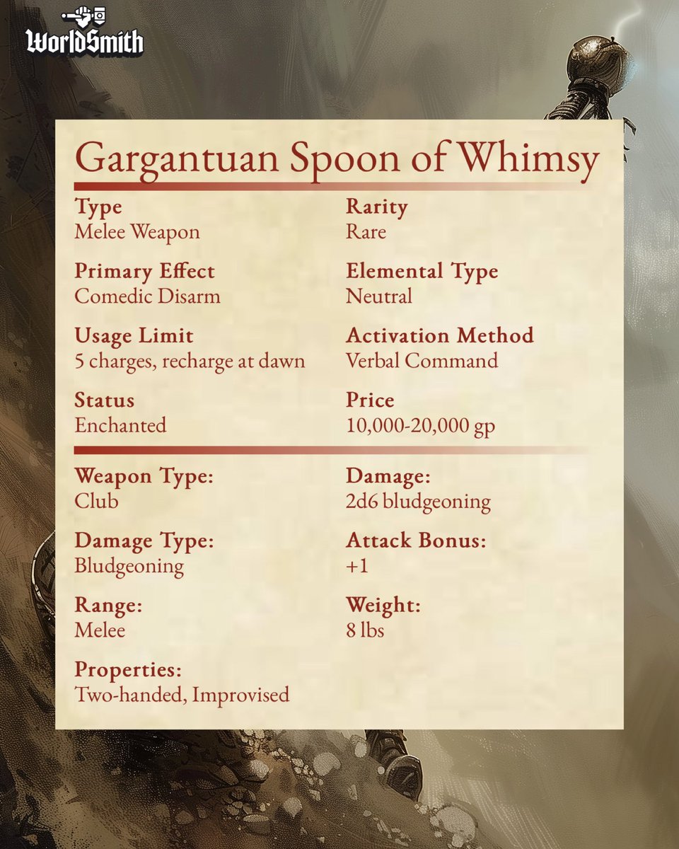 WorldSmithio's tweet photo. What should we make next? Comment to see YOUR idea come to life!

We generated this large spoon in seconds using WorldSmith! Check out this ai tool designed by dungeon masters, for dungeon masters 🐉 Link in bio! #worldsmith #dungeonsanddragons #dnd #dnd5e #ai #dnd5e #dndart https://t.co/Rd21ygqB7u