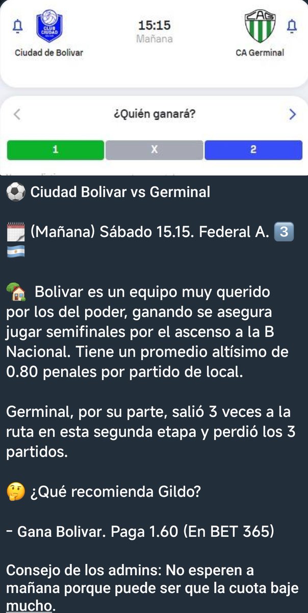 GildoTips's tweet image. Ya esta publicada la primer apuesta para mañana en nuestro canal de telegram! #FederalA #bet #apuestas #Bolivar #Germinal #FutbolArgentino