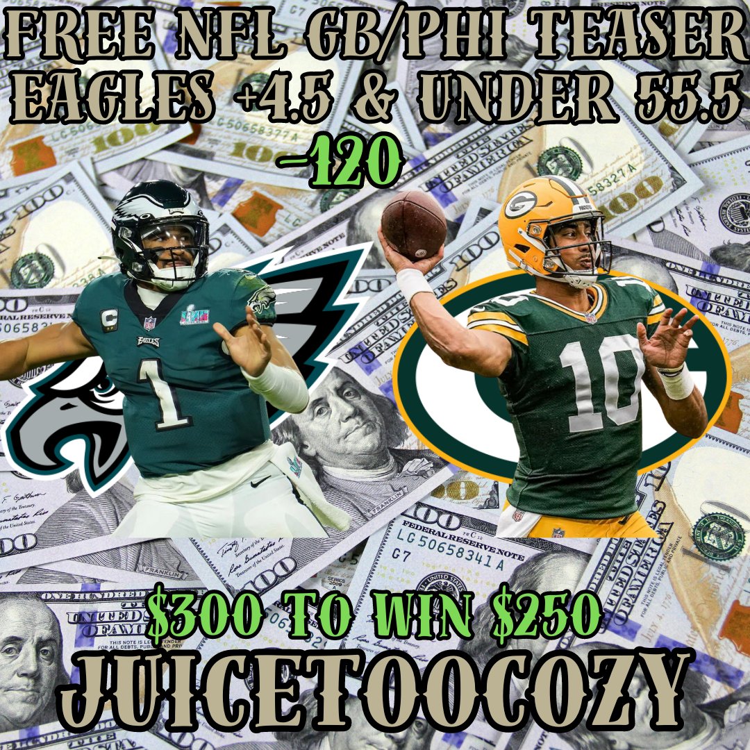 JuiceLocks_'s tweet photo. NFL 6PT Teaser 🔒

🏈🌟:
🦅Eagles +4.5
👇Under 55.5

📗: (-120 on #fliff)

All plays/Slips👉https://t.co/UyZtLYJ5Ws

#prizepicks #trending #trendingnow #mlb #gamblingtwitter #gamblingX #sportsbetting #PlayerProps #fanduel #DraftKings #astros #diamonbacks #brazil #taylorswift #GoBirds #GoPackGo #GagCityPittsburgh #iufb #PrizePicks #GamblingTwitter #NCAA #Trending #TrendingNow #PlayerProps #PropBets #NFLTwitter #NFLonX #GamblingX #NFL #sportsbettingtwitter #eagles #prizepicksmlb #PrizePicks #PrizePicksNBA #WNBATwitter #underdog #CFBPicks #DFS #packers