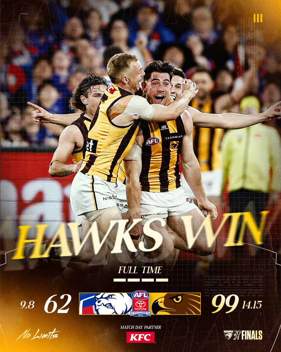 #Hawks dominate the #Bulldogs in front of over 97K fans at the G. It was great to see the Hawks back in September action. Bring on #PortAdelaide