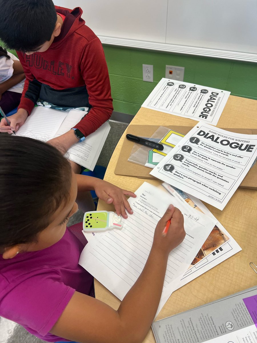 MrsWebb5thGrade's tweet photo. The “Dialogue Telephone” game was definitely a highlight this week! Students had to “show not tell” what could happen next in random scenarios. The challenge was adding only 1 line of dialogue before having to pass the scenario on to the next person.✍🏾@CabinBranchRS #CKLA #ELA https://t.co/pg7b7ntVvj