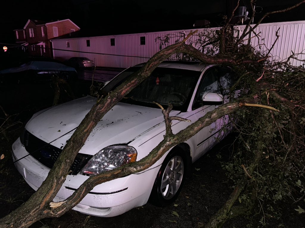 A look at some of the damage in Patterson Heights, Beaver County. A massive tree split a home in half. The homeowners were inside when it happened. Trees and power lines are down everywhere. Most of the community is in the dark. Some trees have also landed on cars. <a href="/KDKA/">KDKA</a>