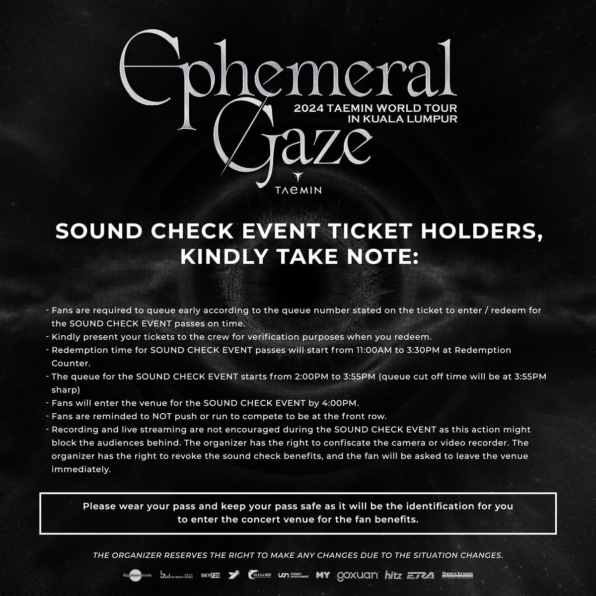 MASA_Ent_Int's tweet photo. Attention to TAEMates ticket holders, kindly take note of the SOUND CHECK EVENTS announcement and the redemption time for collect your SOUND CHECK pass!

#TAEMIN #WORLD_TOUR #Ephemeral_Gaze #TAEMate
#TAEMIN_WORLD_TOUR #EphemeralGazeInKualaLumpur https://t.co/y5vzVfmZXG