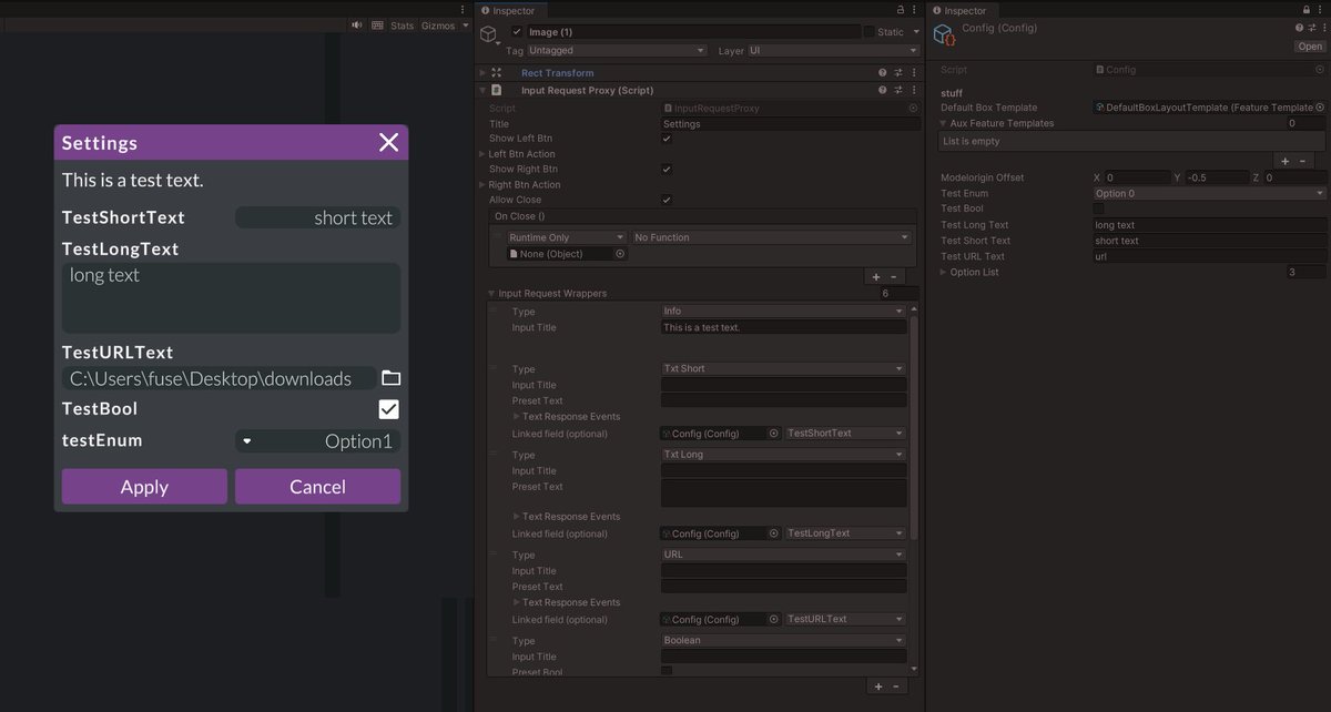 Make a configurable input request panel, that can get and set data directly from objects, like a Config ScriptableObject, directly from the inspector.

(I wrote a lot of code to avoid writing code, also it crashes the editor for some reason)