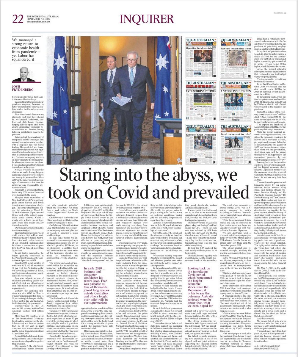 JoshFrydenberg's tweet image. COVID was an experience most would rather forget. Nearly 4 years on as we learn the lessons of that period, we see that our response was world leading- the number of lives lost lower, number of jobs saved higher &amp;amp; the rebound much faster than other comparable economies. My OpEd⬇️