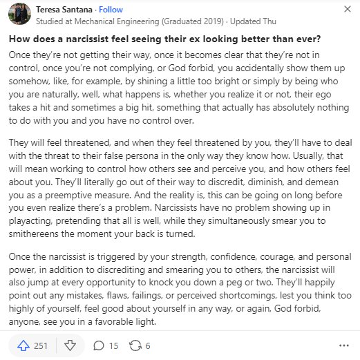 How does a narcissist feel when they see their ex looking better than ever?