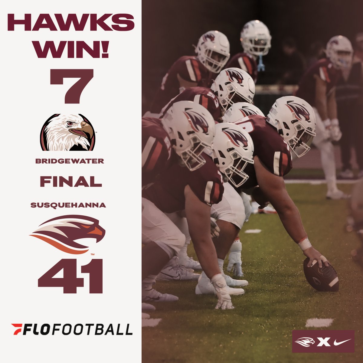 FB | We defend the nest in our season-opening Battle of the Birds, knocking off the Bridgewater Eagles by a 41-7 score! 

Rahshan La Mons dazzled with three touchdown, along with scores from Howes, Ehrlich, and Bookter!

#ALLIN | #GOSUSQU | SURIVERHAWKS.COM | #d3fb