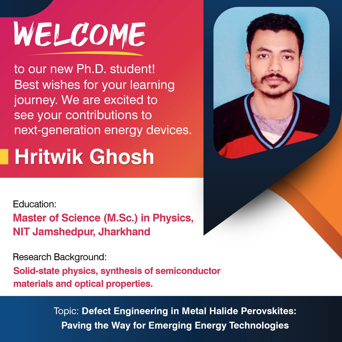 Rondiya Group (@rondiyagroup) on Twitter photo Welcome, Hritwik, to the team! Best wishes for your research on perovskite devices. Excited to see your work in 'Defect Engineering' to make devices more efficient and advance knowledge during your Ph.D. Enjoy the excellent work environment & the beautiful IISc campus!
<a href="/DRondiya/">Sachin R. Rondiya</a> Welcome, Hritwik, to the team! Best wishes for your research on perovskite devices. Excited to see your work in 'Defect Engineering' to make devices more efficient and advance knowledge during your Ph.D. Enjoy the excellent work environment & the beautiful IISc campus!
<a href="/DRondiya/">Sachin R. Rondiya</a>