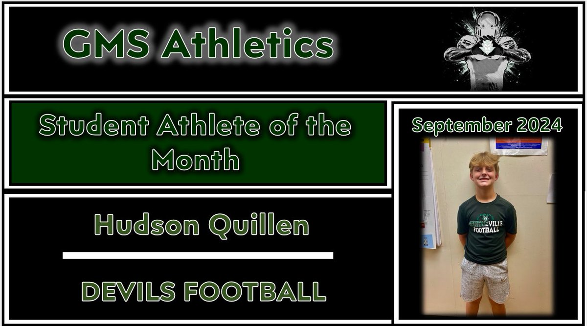 jeremy simerly (@jeremy_simerly) on Twitter photo GMS Athletics
Student Athlete of the Month, September
Varsity Football, Hudson Quillen
Go Devils!
@gms_tn <a href="/racheladamstn/">Dr. Rachel Adams</a> <a href="/CoachMcCall65/">Andy McCall</a> <a href="/GMSDEVILSFB/">Greeneville Middle School Football</a> <a href="/Sizemore48/">Adam Sizemore</a> GMS Athletics
Student Athlete of the Month, September
Varsity Football, Hudson Quillen
Go Devils!
@gms_tn <a href="/racheladamstn/">Dr. Rachel Adams</a> <a href="/CoachMcCall65/">Andy McCall</a> <a href="/GMSDEVILSFB/">Greeneville Middle School Football</a> <a href="/Sizemore48/">Adam Sizemore</a>